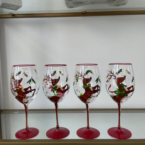 Neiman Marcus Hand-Painted Reindeer Christmas Wine Glasses Set of 4 New - Picture 10 of 16
